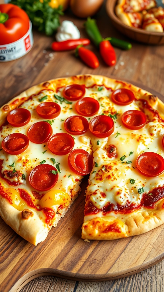 A homemade Fathead crust pizza with cheese and pepperoni on a wooden cutting board.